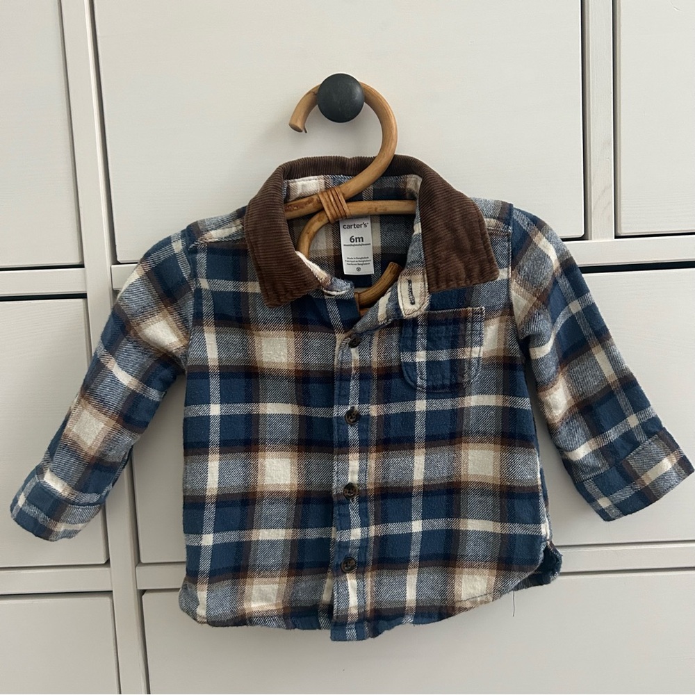 Carter’s Blue and brown flannel and corduroy button up baby boy shirt